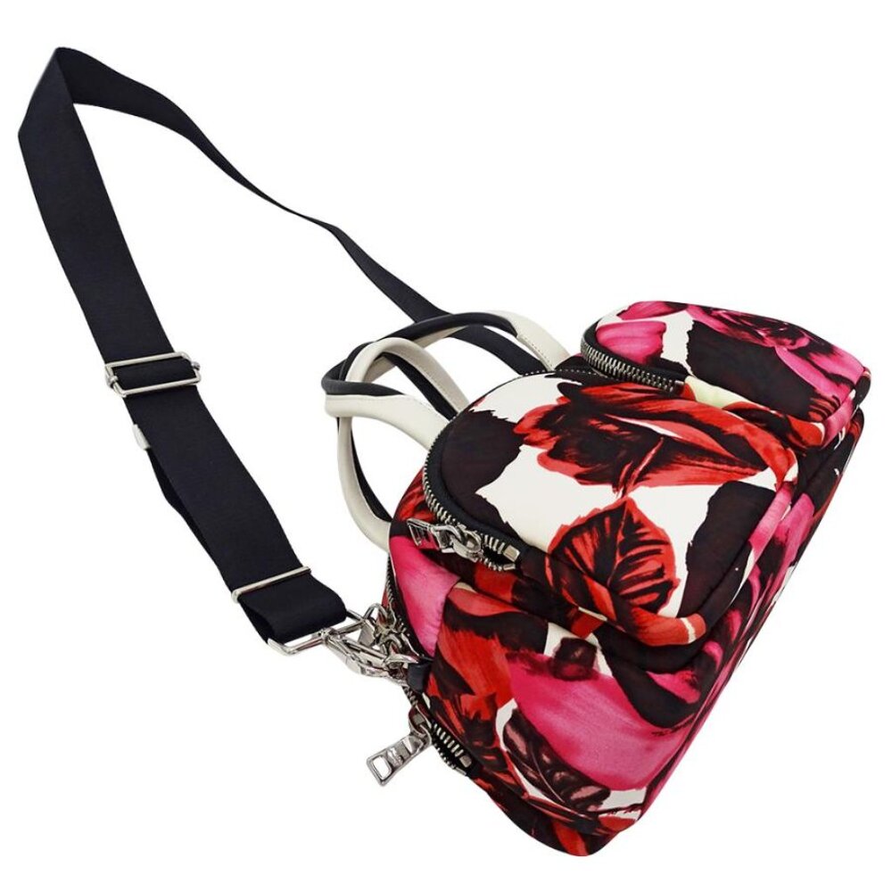Prada Rose Nylon Handbag Tote Bag Zip Flowers Pockets Red Pink Black Purse NEW - Picture 5 of 6